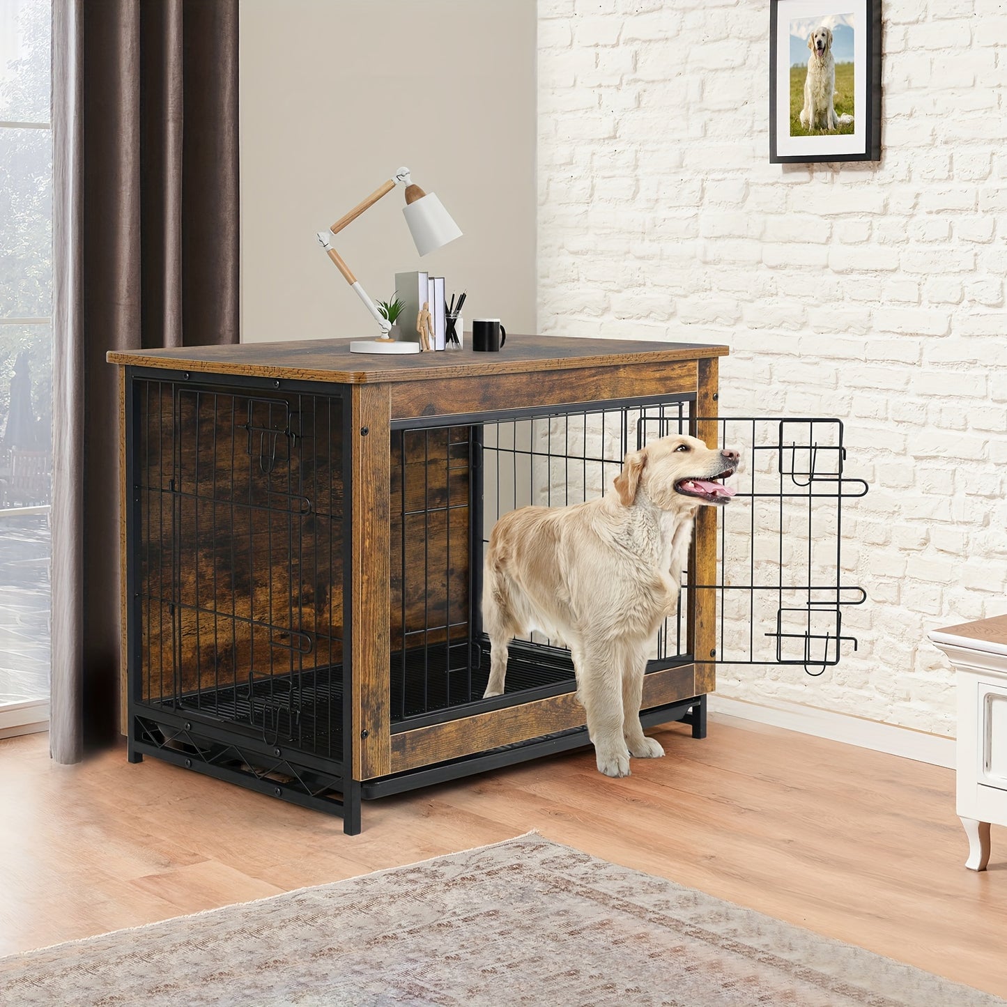 Dog Crate Furniture, 38.6" Wooden Side End Table, Modern Dog Kennel with Double Doors, Heavy-Duty Dog Cage with Pull-Out Removable Tray, Indoor Medium/Large/Small Pet House Furniture