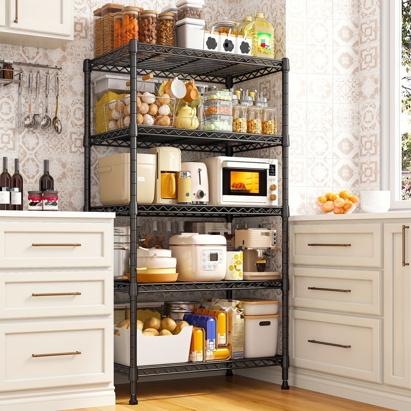 5-Tier Shelving Units 62" Adjustable Storage Shelves Sturdy Wire Shelf Adjustable Metal Shelves Detachable Storage Rack For Kitchen Laundry Living Room Heavy Duty Organizers And Storage Shelf, 11.6"D X 21.5"W X 62.5"H