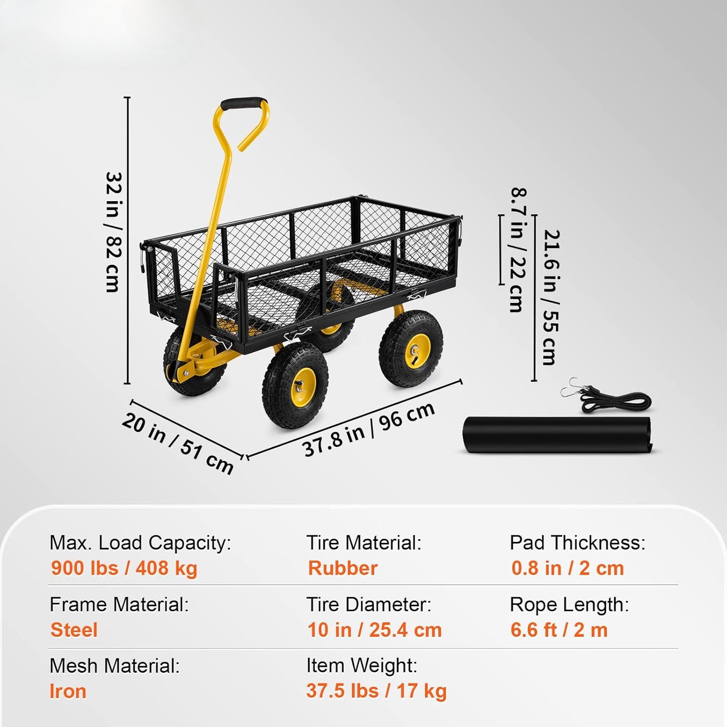 Steel Garden Cart, Heavy Duty 900 lbs Capacity, with Removable Mesh Sides to Convert into Flatbed, Utility Metal Wagon with 180° Rotating Handle and 10 in Tires, Perfect for Garden, Farm, Yard