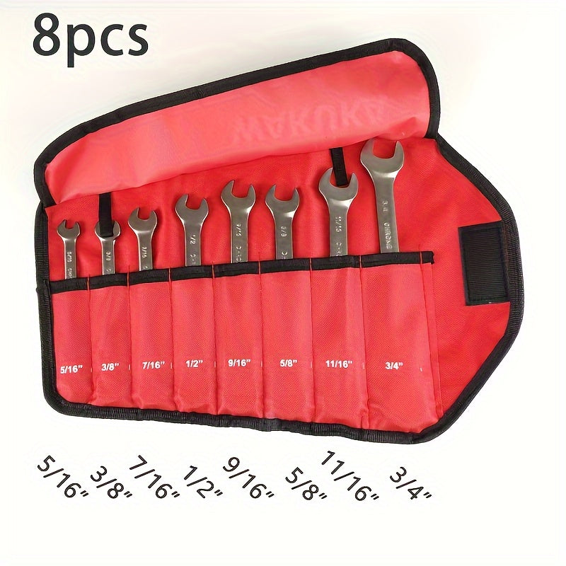 8pcs Flex Head Ratchet Combination Wrench Set, Black Nickel Sandblasted Movable Head Wrench Set, 13/16-1/4-Inch, 72-Tooth, Cr-V Construction, Comes with Roll-Off Pouch