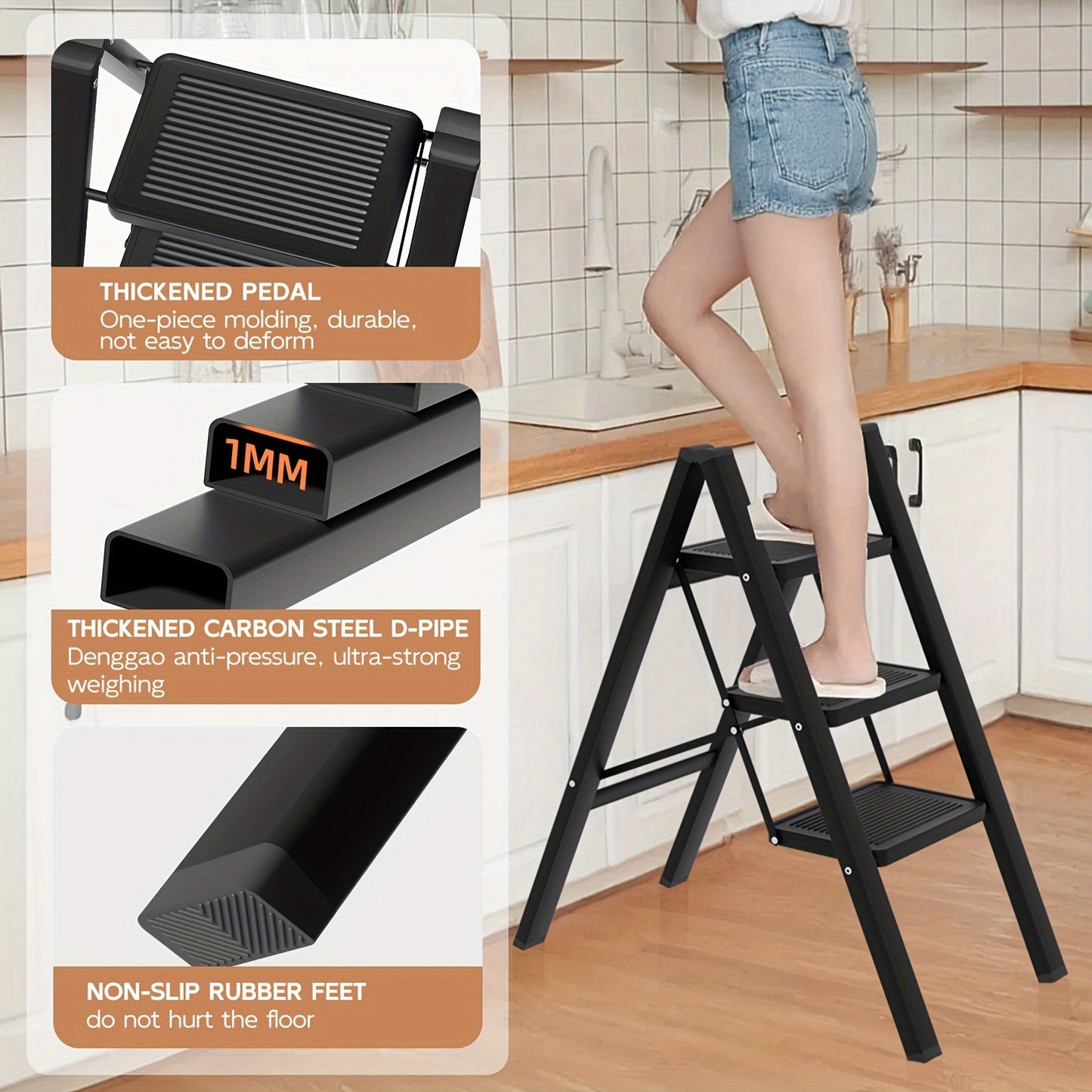 3-Step Wide Non-slip Folding Ladder, Portable and Foldable for Adults, Suitable for Home, Kitchen, Office, Black, and Holiday Decorating