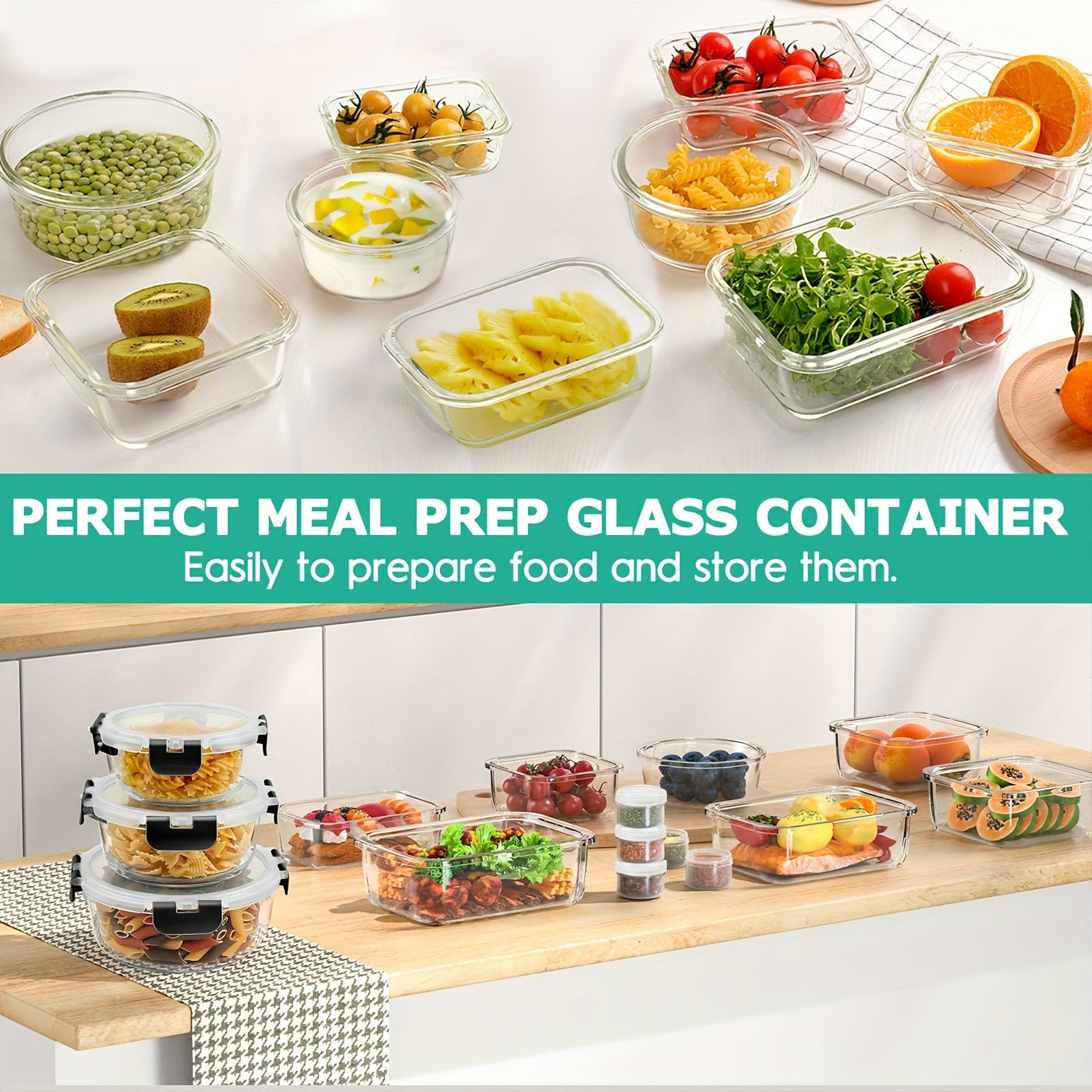 34-Piece Airtight Glass Food Storage Containers Set - Leak-Proof, BPA-Free, Microwave, Oven, Freezer, Dishwasher Safe, Black, 17 Containers and 17 Lids for Meal Prep and Lunch