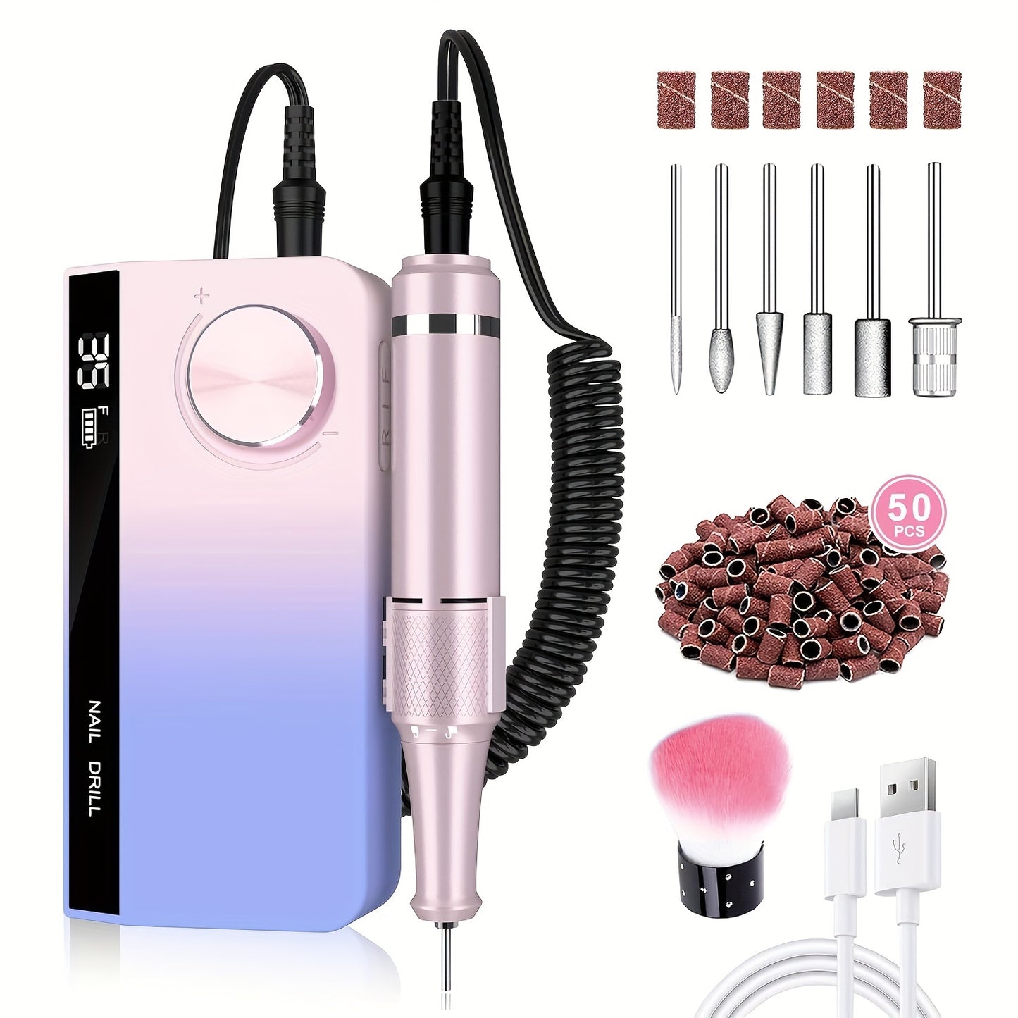 (Complimentary 50 sand rings + dust brush)Nail Salon Professional Nail drill, Electric acrylic gel nail kit Portable E-file 35000RPM rechargeable home and salon nail polish shape tool