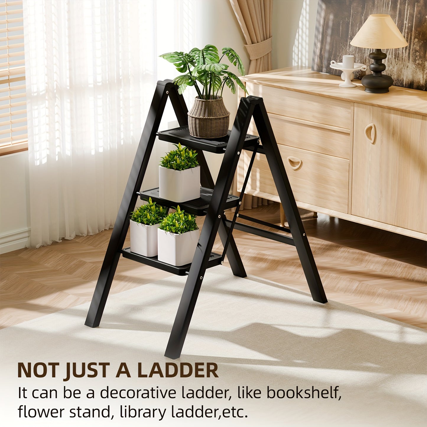 3-Step Wide Non-slip Folding Ladder, Portable and Foldable for Adults, Suitable for Home, Kitchen, Office, Black, and Holiday Decorating