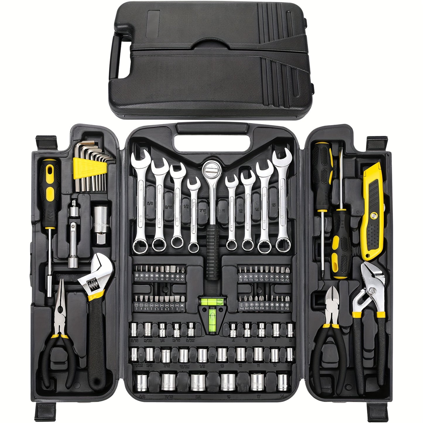 95 Piece Tool Set, Car Tool Kit, Mechanics Tool Set, Portable Toolbox With Adjustable Wrench Pliers Socket Bits, With Plastic Toolbox Storage Case, For House Apartment Garage (Yellow), Perfect Gift For Halloween And Christmas