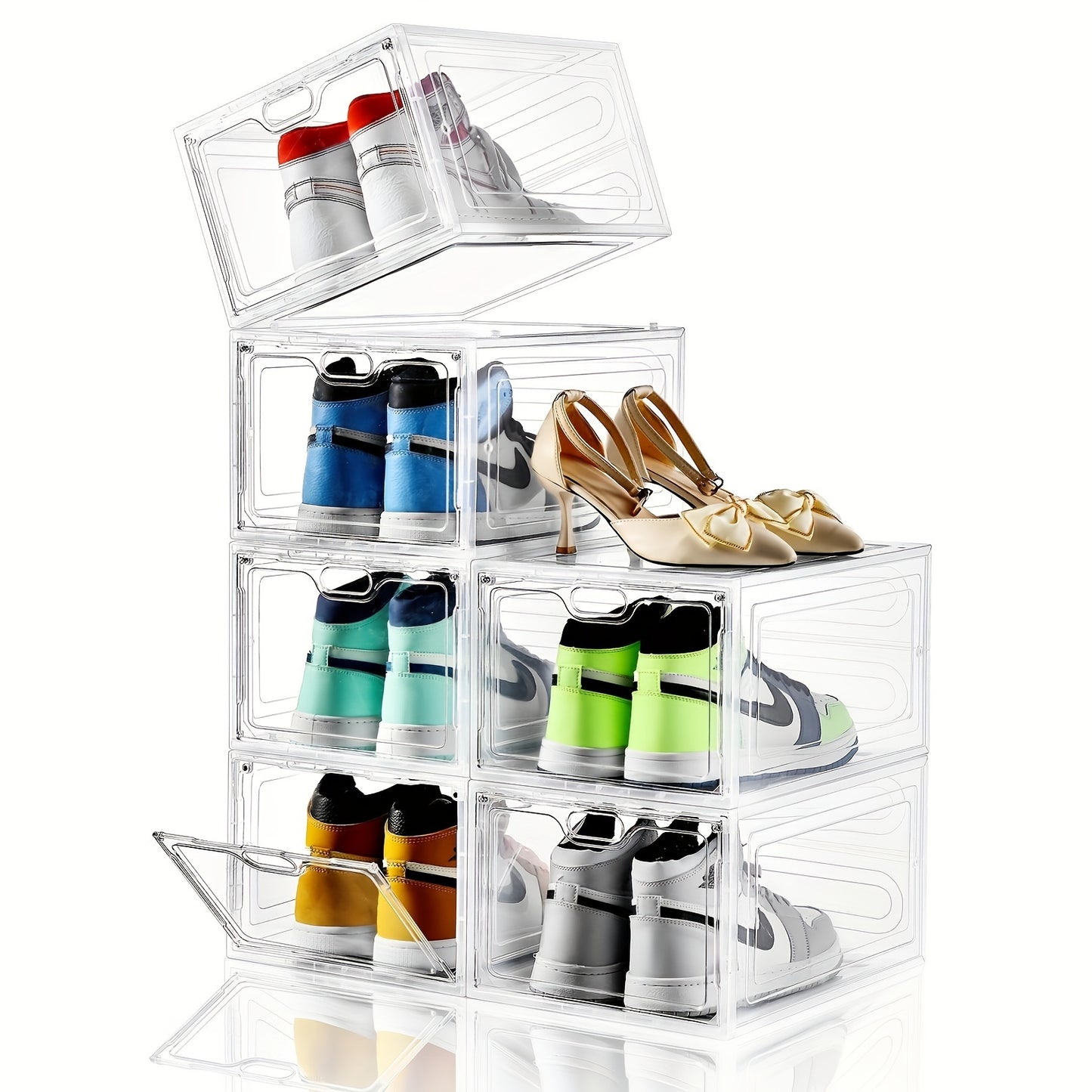 6/12 Pack Shoes Box, Shoes Storage With Magnetic Door, Shoe Box For Closet, Sneaker Case, Fit Up To US Size 12 For Men/Women13.4"x 9.8"x 7.1", Clear/Black/Ashy/Black With Clear