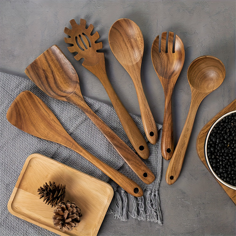 Wooden Spoons For Cooking, Teak Wood Kitchen Utensils Set For Non Stick Use, Spatula Set For Stirring, Baking, Non Stick Wooden Utensils For Kitchen