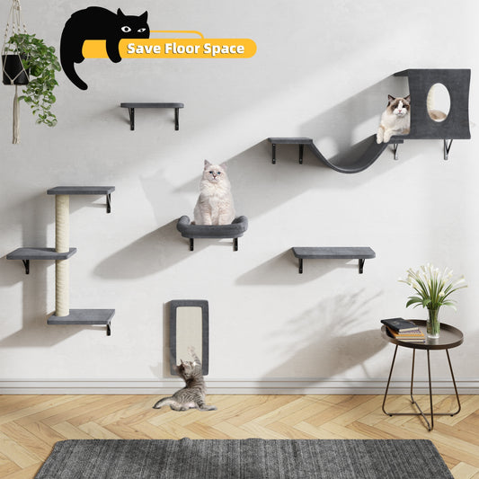 6-Piece Deluxe Wall Mounted Cat Climbing Frame - Spacious Cat House, Sturdy Bridge, Tree, Steps, Scratcher, and Shelves - DIY Indoor Cat Playground Furniture Set with Easy Assembly