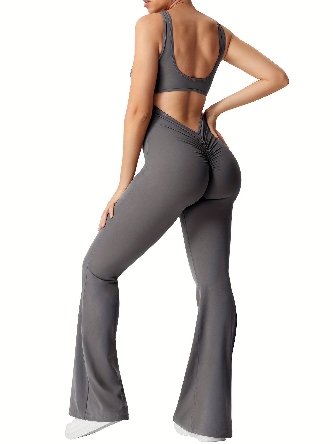 Women's Sleeveless Fitness Jumpsuit Flared Pants Built-in Bra Yoga Ribbed Jumpsuit Exercise Jumpsuit Tummy Trimming V-Back Hip Lifting Jumpsuit Tight Backless Sexy Jumpsuit Flared Pants