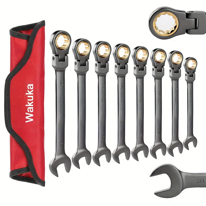 8pcs Flex Head Ratchet Combination Wrench Set, Black Nickel Sandblasted Movable Head Wrench Set, 13/16-1/4-Inch, 72-Tooth, Cr-V Construction, Comes with Roll-Off Pouch