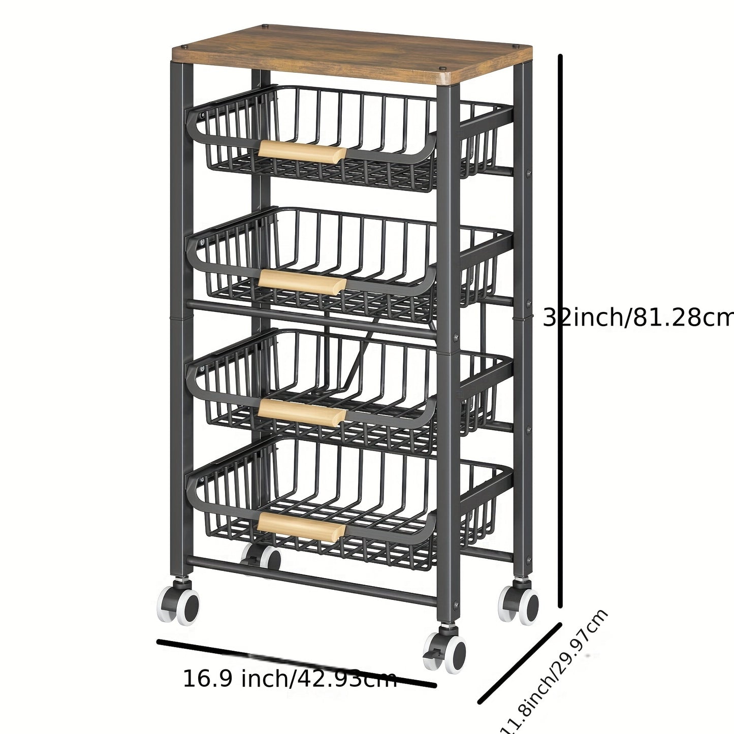 5-Tier Wood Top Kitchen Fruit Basket - Pull-Out Wire Shelves With Wheels For Easy Access To Fruits, Vegetables, And More (Black)