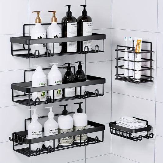 5pcs/set Shower Caddies, Bathroom Shower Organizers, Black Shower Shelves For Inside Shower, Stainless Steel Adhesives Wall Mounted Rack, Home Organization And Storage, Bathroom Accessories