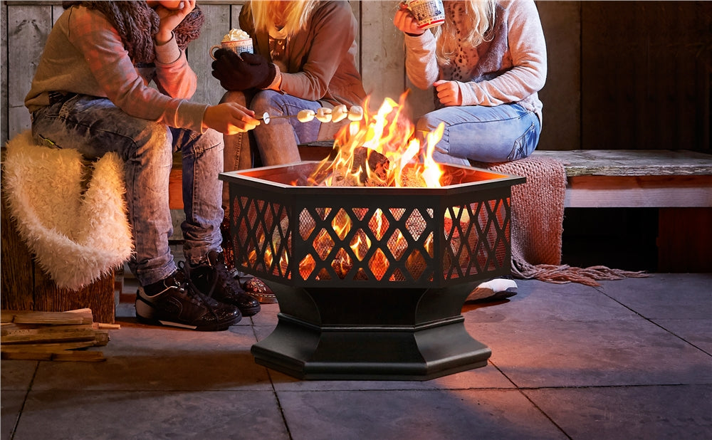 24in Hex Shaped Fire Pit Bowl with Spark Screen & Poker