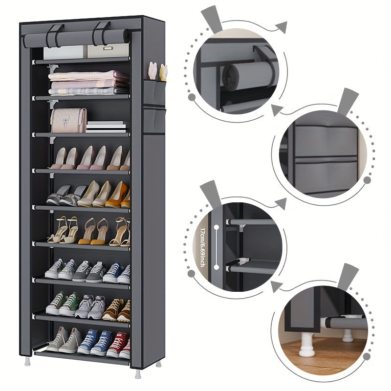 10-Tier High Capacity Shoe Rack Manager with Dust Cover, 9 Grid Shoe Rack, Tube Diameter 12mm, Entrance Shoe Rack Saves Space, Easy to Assemble, Suitable for Household Shoe Racks and Closets Free Standing Shoe Racks