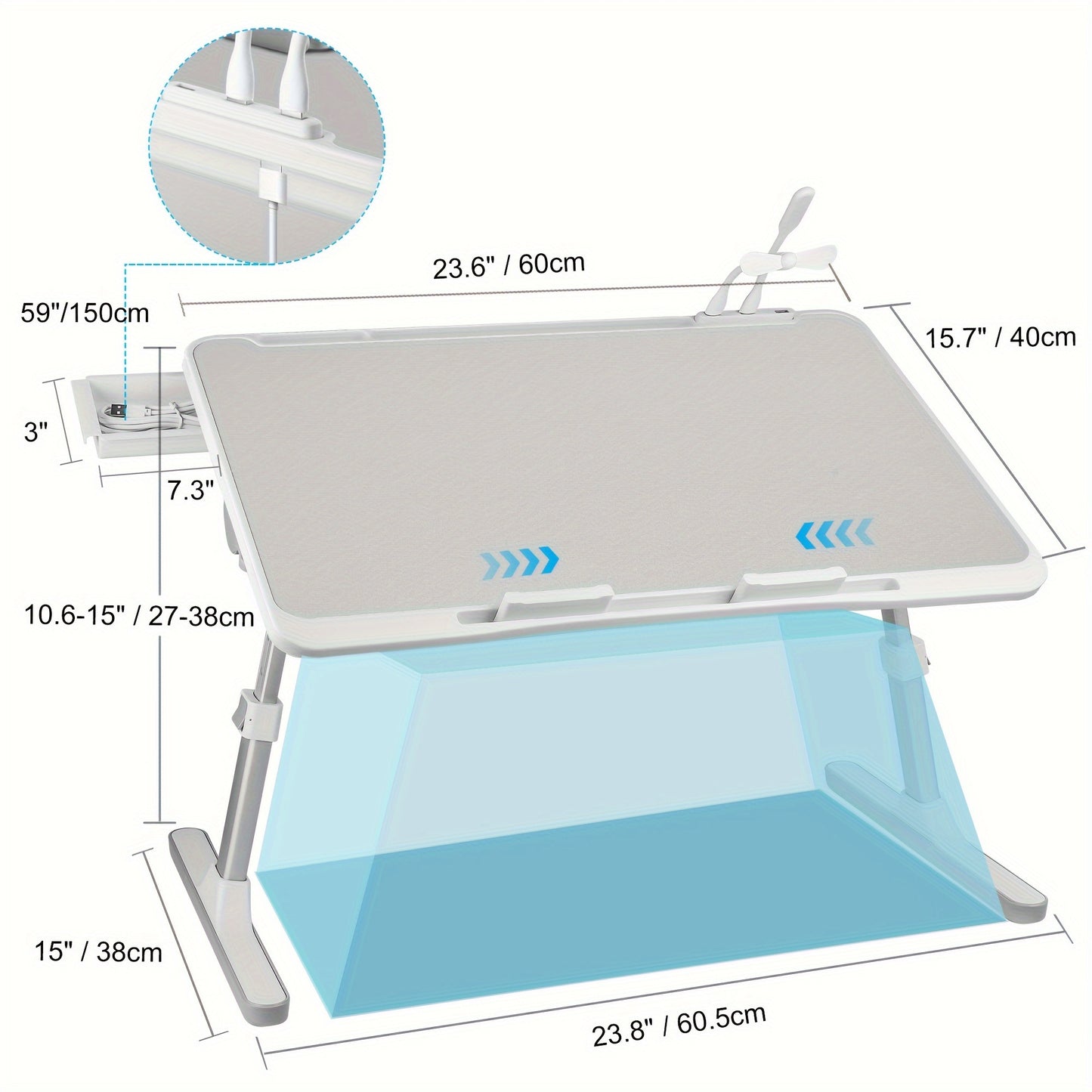 Lap Desk Bed Tray Table, Adjustable Laptop Stand For Bed With USB/ Light/ Fan/ Drawer, Portable Laptop Desk Table For Bed/ Couch/ Sofa/ Reading/ Writing, Bed Trays For Eating And Laptops (Silver Gray)