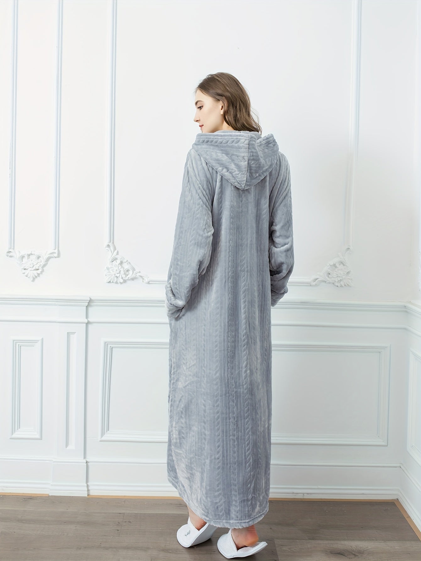 Long Flannel Fleece Hooded Zipper Bathrobe for Women - Winter Warm Housecoat Nightgown Sleepwear Pajamas