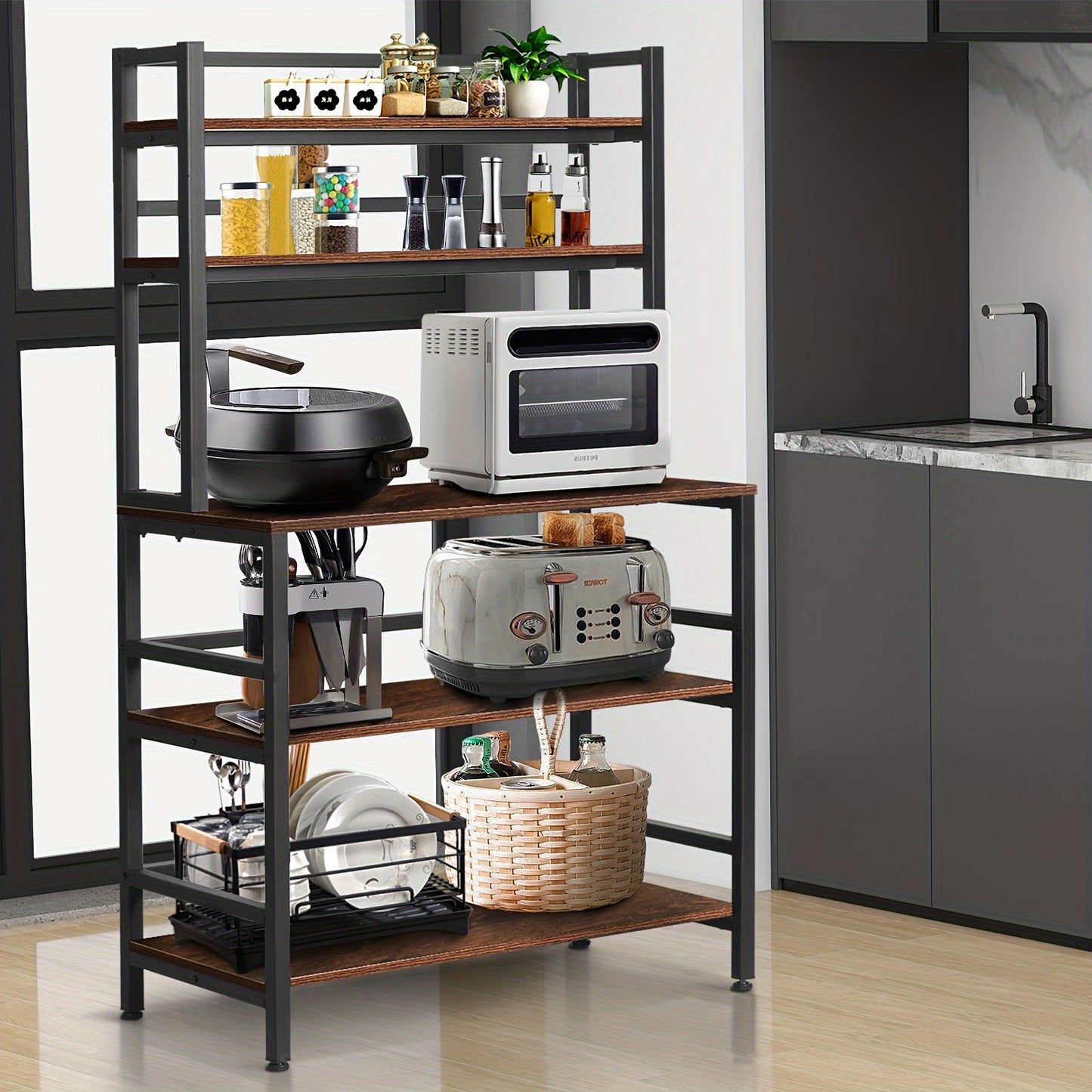 5-Tier Kitchen Bakers Rack With Hutch