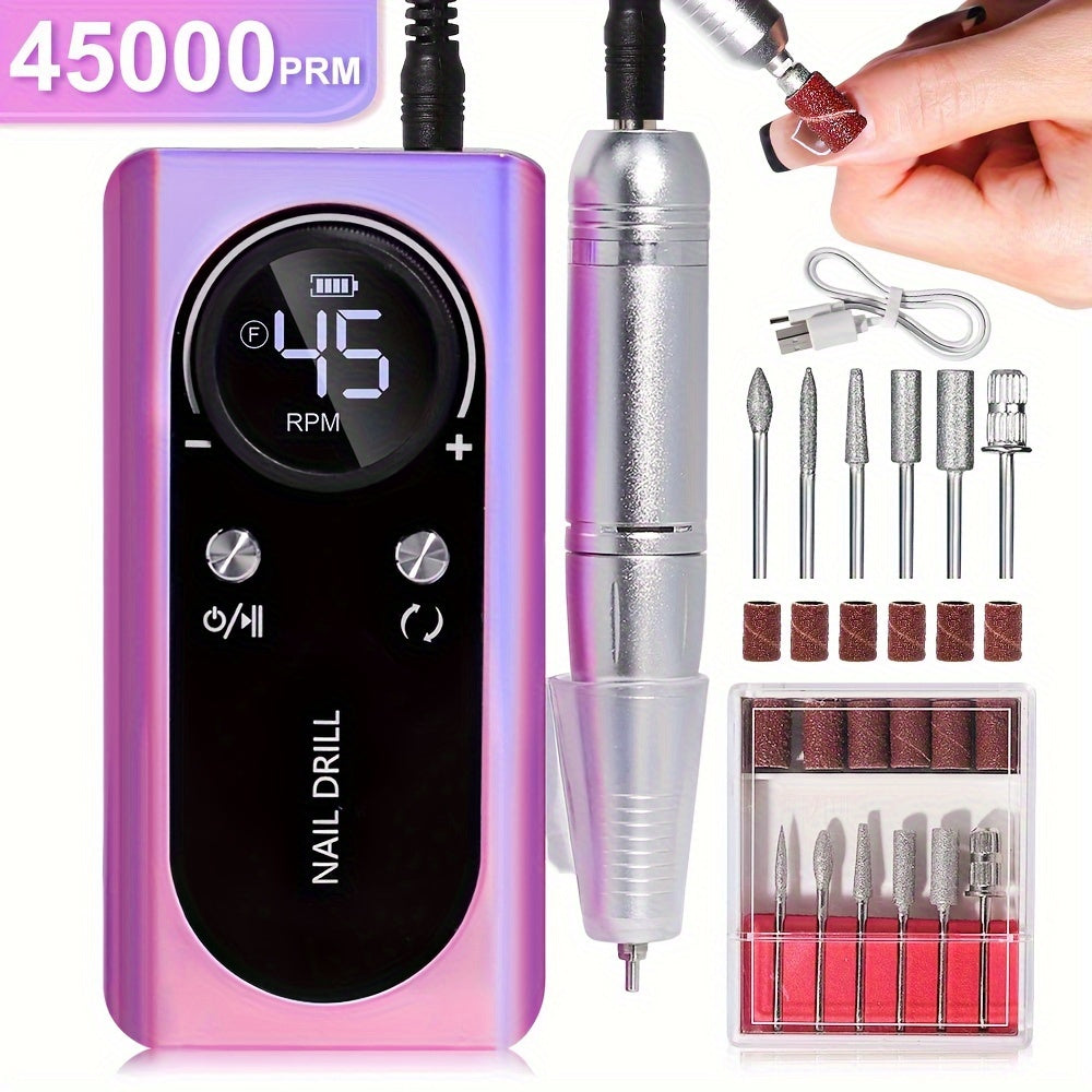 45000RPM Electric Nail Drill Machine - Ultra-High-Speed Portable Polisher with LCD Display and Multi-Functional Sander - Rechargeable Nail Tool for Acrylic Gel Polish and Salon-Quality Results