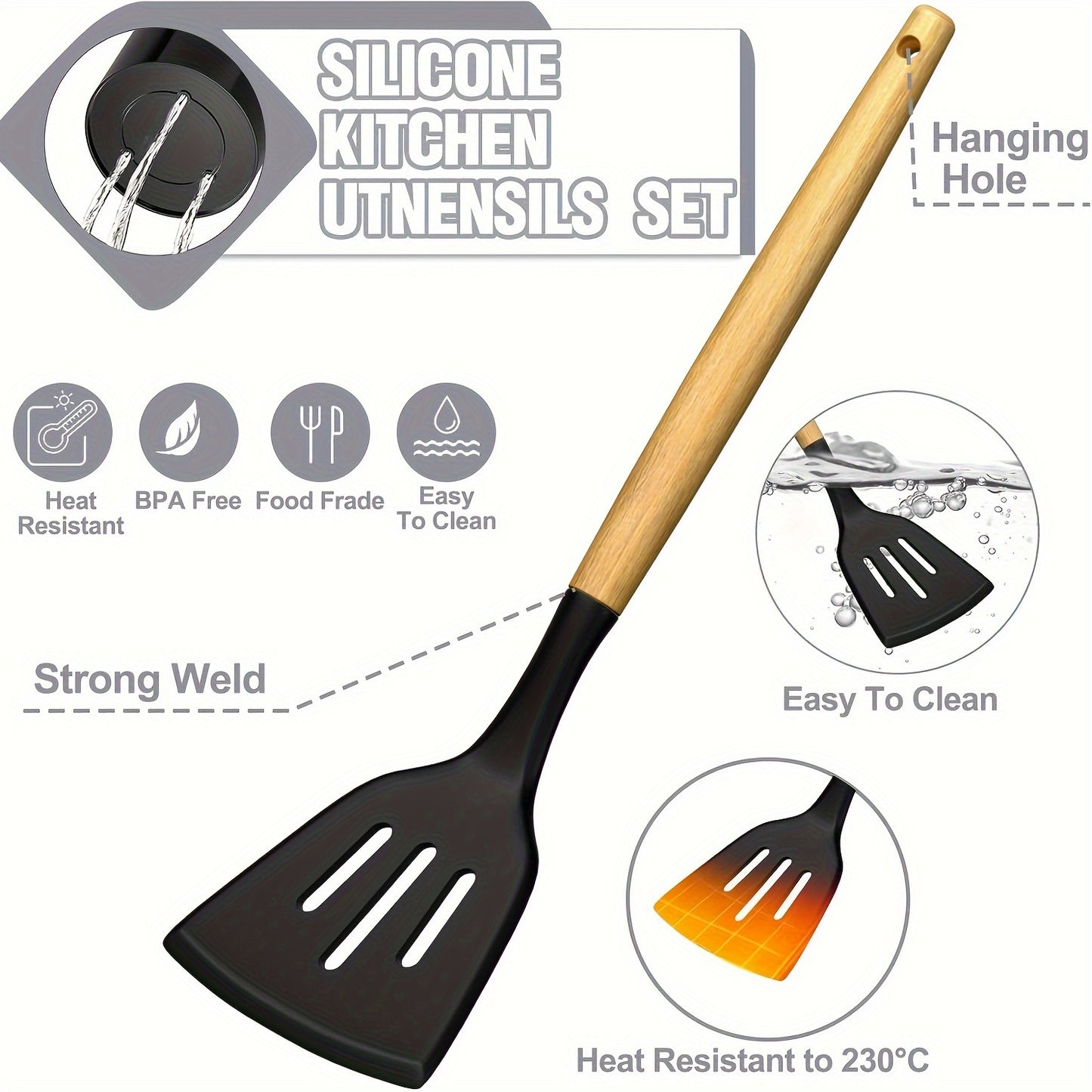 Kitchen Utensils Set- 34PCS Silicone Cooking Utensils With Holder, Heat Resistant Kitchen Utensil Spatula Set For Nonstick Cookware, Black Wooden Handles Kitchen Gadgets Tools Set