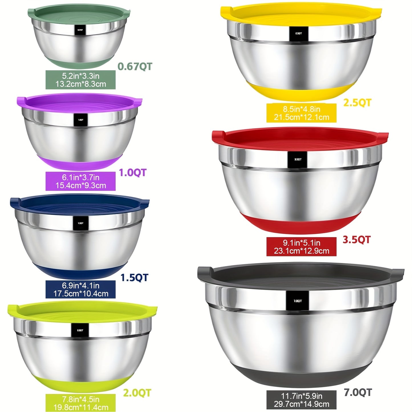 20 Piece Stainless Steel Bowls With Airtight Lids, Non-Slip Colorful Silicone Bottom, Size 7, 3.5, 2.5, 2.0, 1.5, 1, 0.67QT, Great For Mixing, Baking, Serving