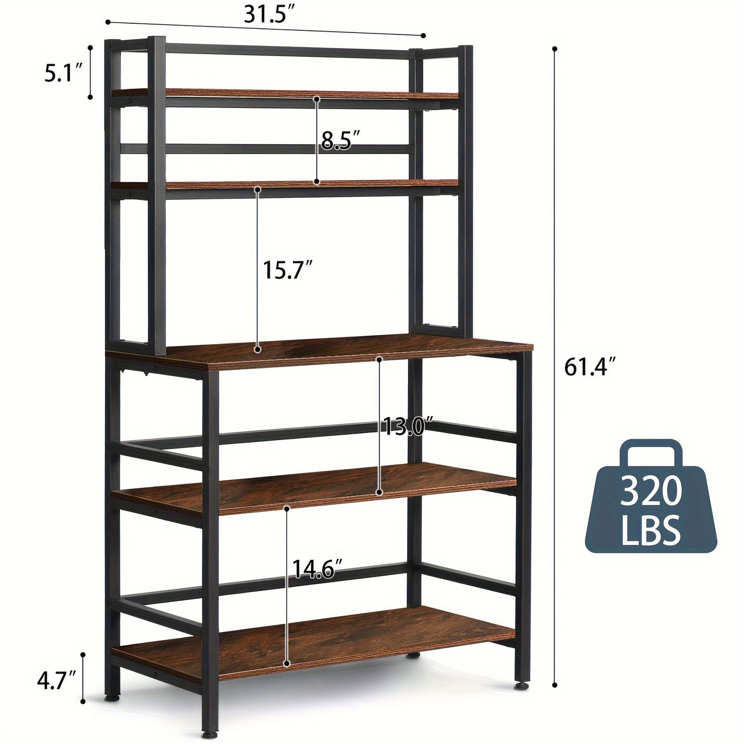 5-Tier Kitchen Bakers Rack With Hutch