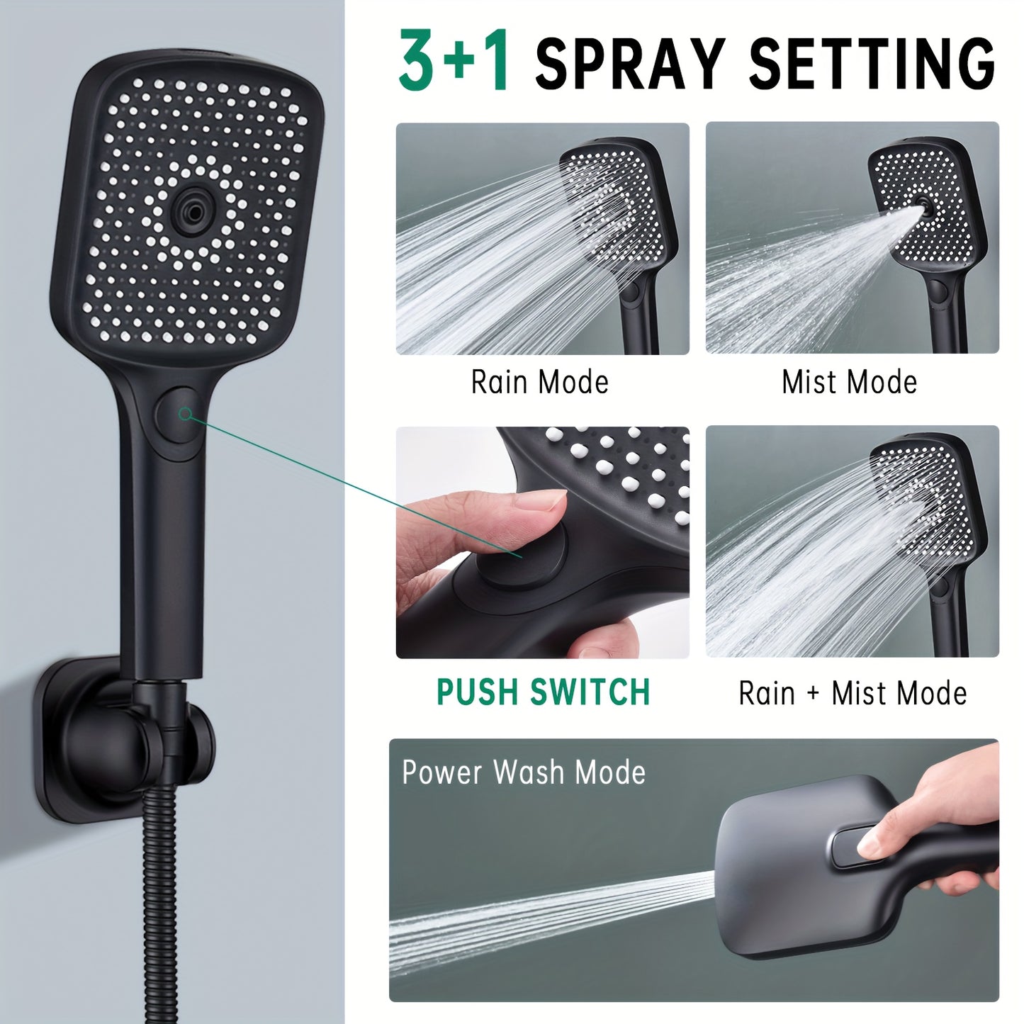 Shower Heads with Handheld Spray Combo, 13 Inches Rain Shower Head with 4-Mode Shower Wand, and 13 Inches Adjustable Arm, 3-Way Shower Diverter Valve, Extra Long Hose (Matte Black)