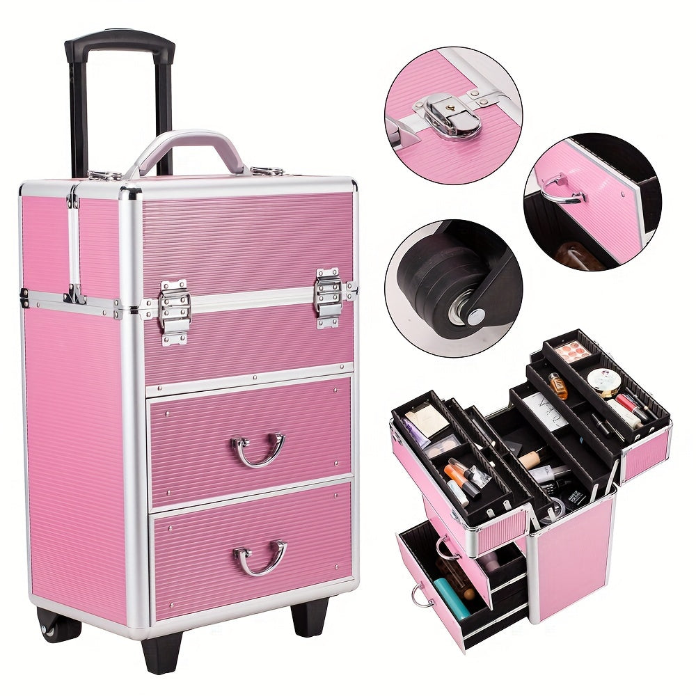 Stylish Pink Lockable Cosmetic Makeup Case with 4 Tiers & Extendable Trays - Spacious, Secure, and Chic