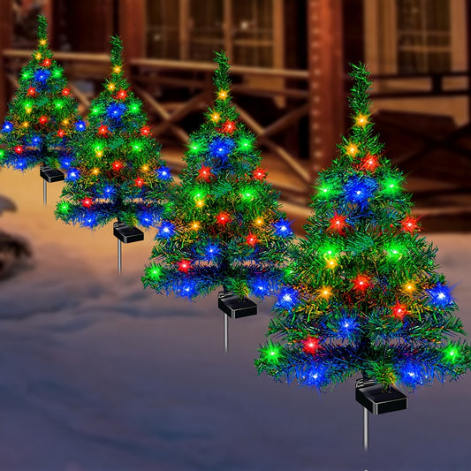 (4 Ordinary Solar Christmas Trees) Christmas Outdoor Holiday Christmas Tree Decoration Solar Light - IP65 Waterproof Christmas Tree Color Light Atmosphere Garden Light Suitable For Courtyard Path Lawn Decoration Can Give Gifts To Friends And Family