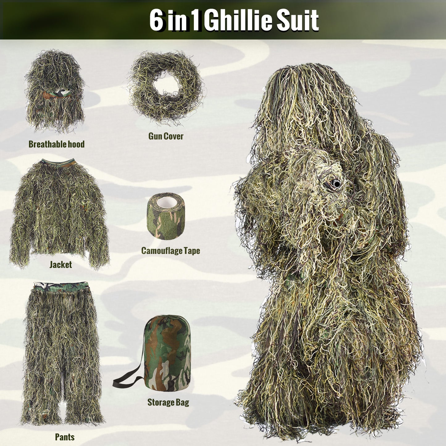 6 in 1 Ghillie Suit,Jungle greendesert yellow 3D Camouflage Hunting Apparel Including Jacket, Pants, Hood, Carry Bag and Camo Tapes Bushman Costume Suitable for Men, Hunters