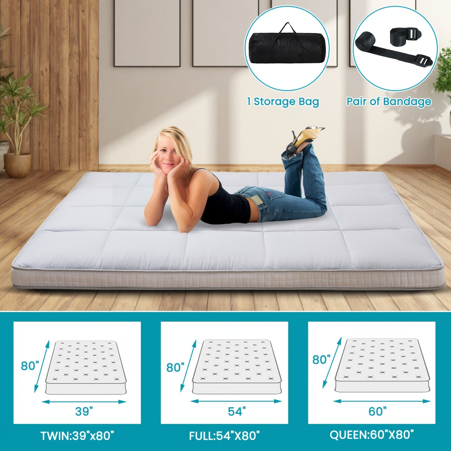 4 Inch Extra Thick Japanese Floor Mattress Futon Mattress, Foldable Bed Mattress, Sleeping Tatami Mat Floor Mattress For Adults, Roll Up Mattress Guest Mattress, Camping Mattress, Travel Camping Furniture Must Haves