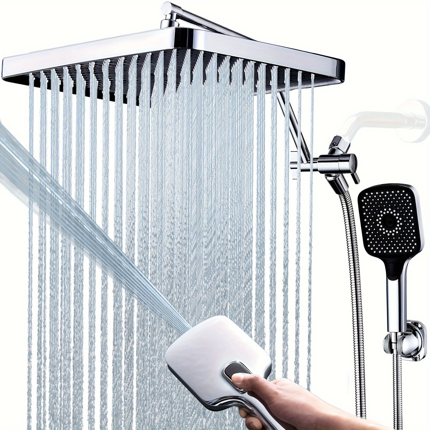 Shower Heads with Handheld Spray Combo, 13 Inches Rain Shower Head with 4-Mode Shower Wand, and 13 Inches Adjustable Extension Arm, 3-Way Shower Diverter Valve, Extra Long Hose (Chrome)