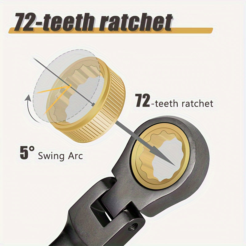 8pcs Flex Head Ratchet Combination Wrench Set, Black Nickel Sandblasted Movable Head Wrench Set, 13/16-1/4-Inch, 72-Tooth, Cr-V Construction, Comes with Roll-Off Pouch