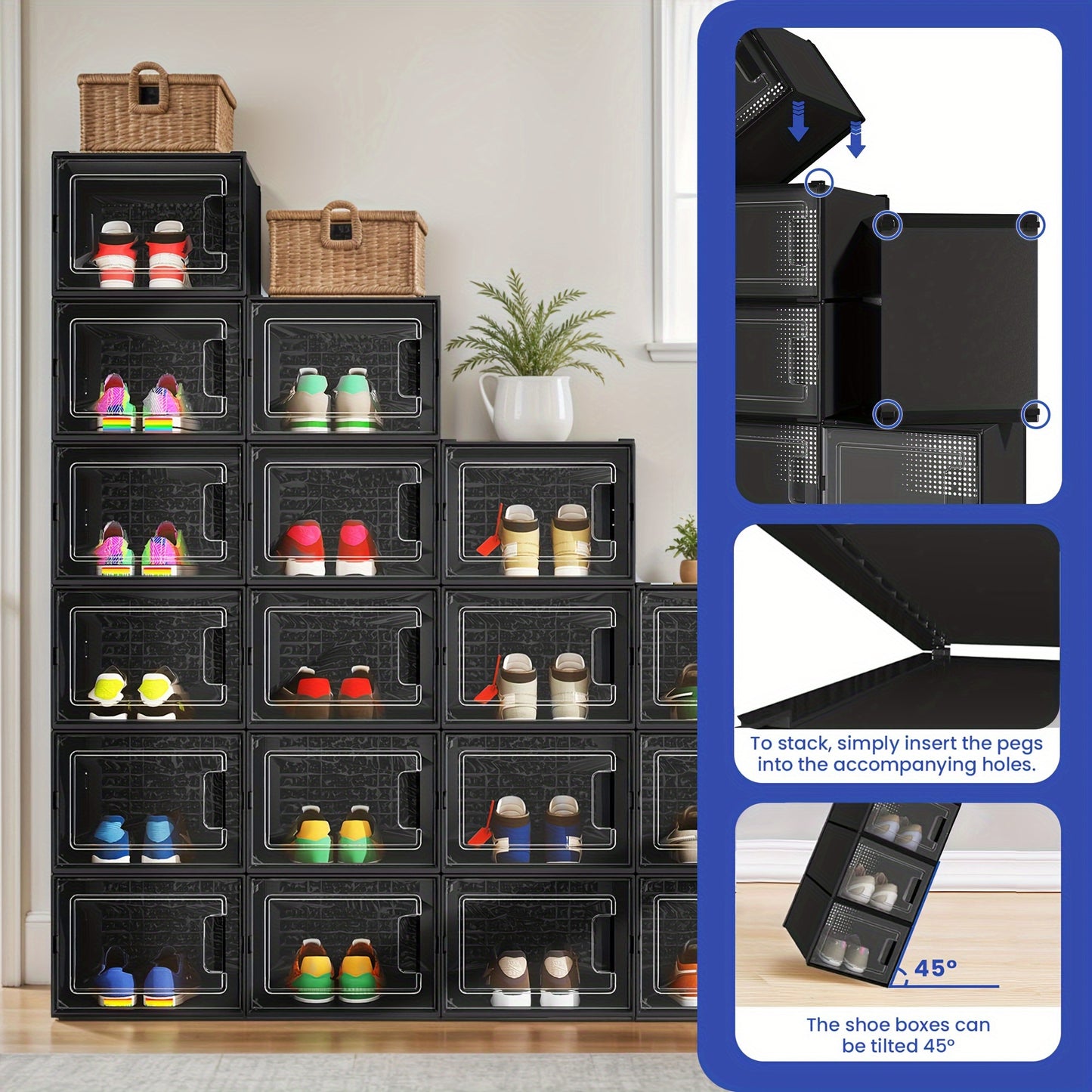 18-Pack XL Shoe Storage Organizer - Boot & Shoe Boxes with Stackable Design, Clear Plastic, Folding, and US Size 15 Capacity - Ideal for Closet Organization and Sneaker Enthusiasts