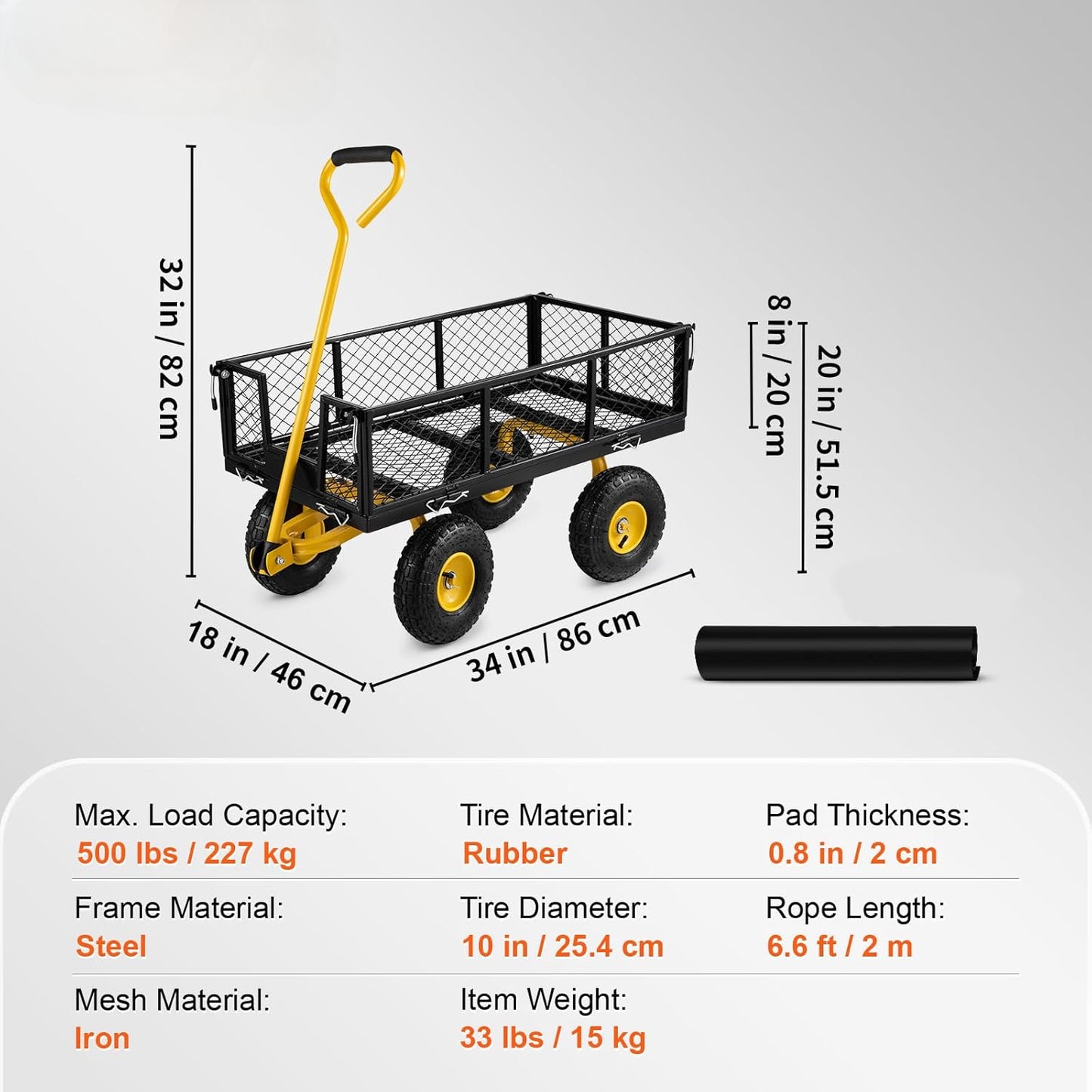 Steel Garden Cart, Heavy Duty 900 lbs Capacity, with Removable Mesh Sides to Convert into Flatbed, Utility Metal Wagon with 180° Rotating Handle and 10 in Tires, Perfect for Garden, Farm, Yard